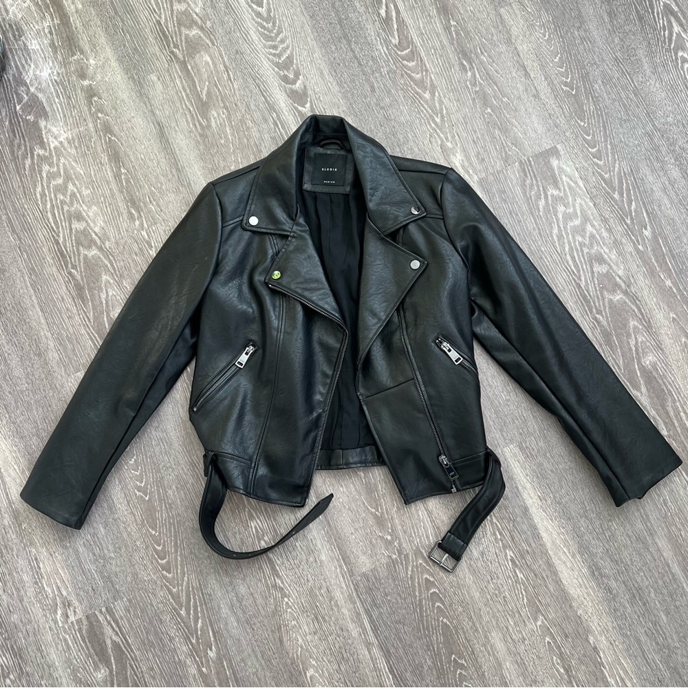 Elodie Black Vegan Leather Moto Biker Jacket with Silver Hardware